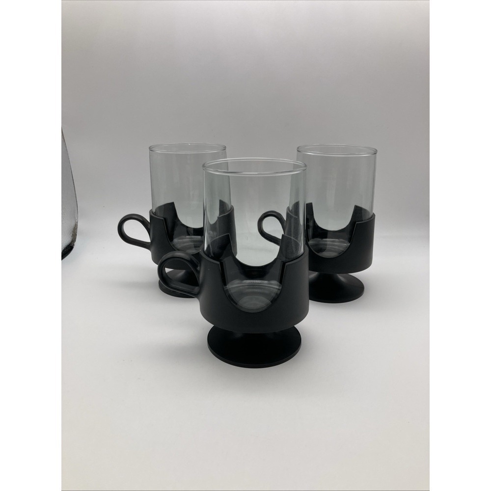 3 Vintage Mid Century Glas-Snap by CORNING Cups MUGS Black PLASTIC GLASS 8 Oz
